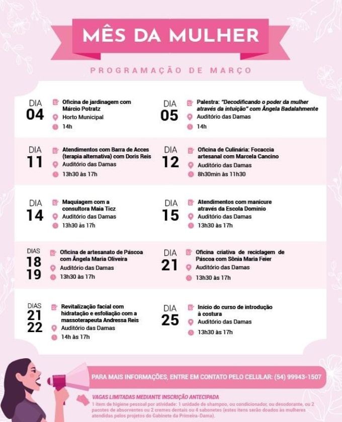 Confira nossa Programação Gratuita com Oficinas, Palestras e Cursos no Mês da Mulher - Damas de Caridade em Gramado